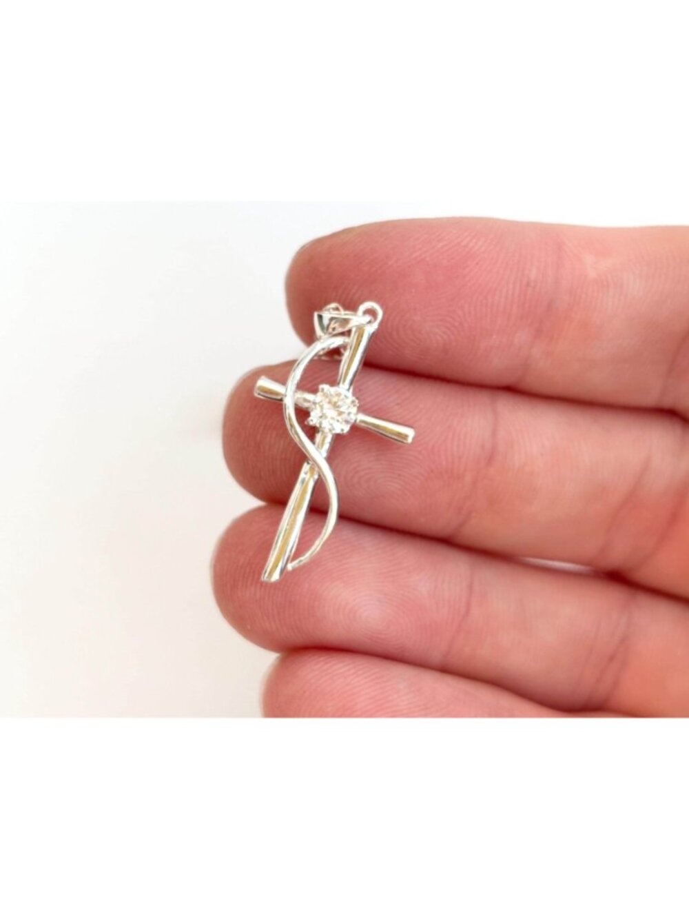 Modernist Cubic Zirconia Cross Sterling Silver 925 Vintage Pendant Necklace 16" - Picture 11 of 14